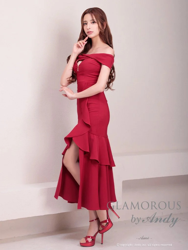 ワンカラー マーメイド スリット フリル ジップデザイン アシンメトリー オフショルダー 半袖 マーメイドロングドレスの全身サイド画像7