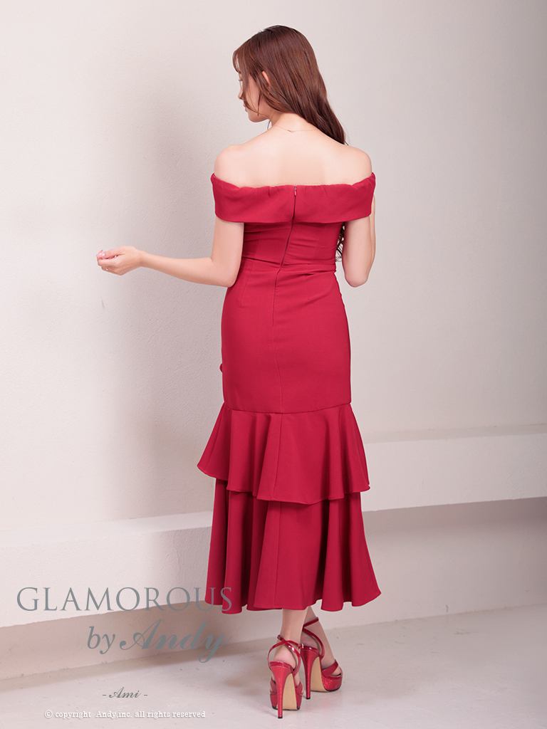 ワンカラー マーメイド スリット フリル ジップデザイン アシンメトリー オフショルダー 半袖 マーメイドロングドレスの全身バック画像7