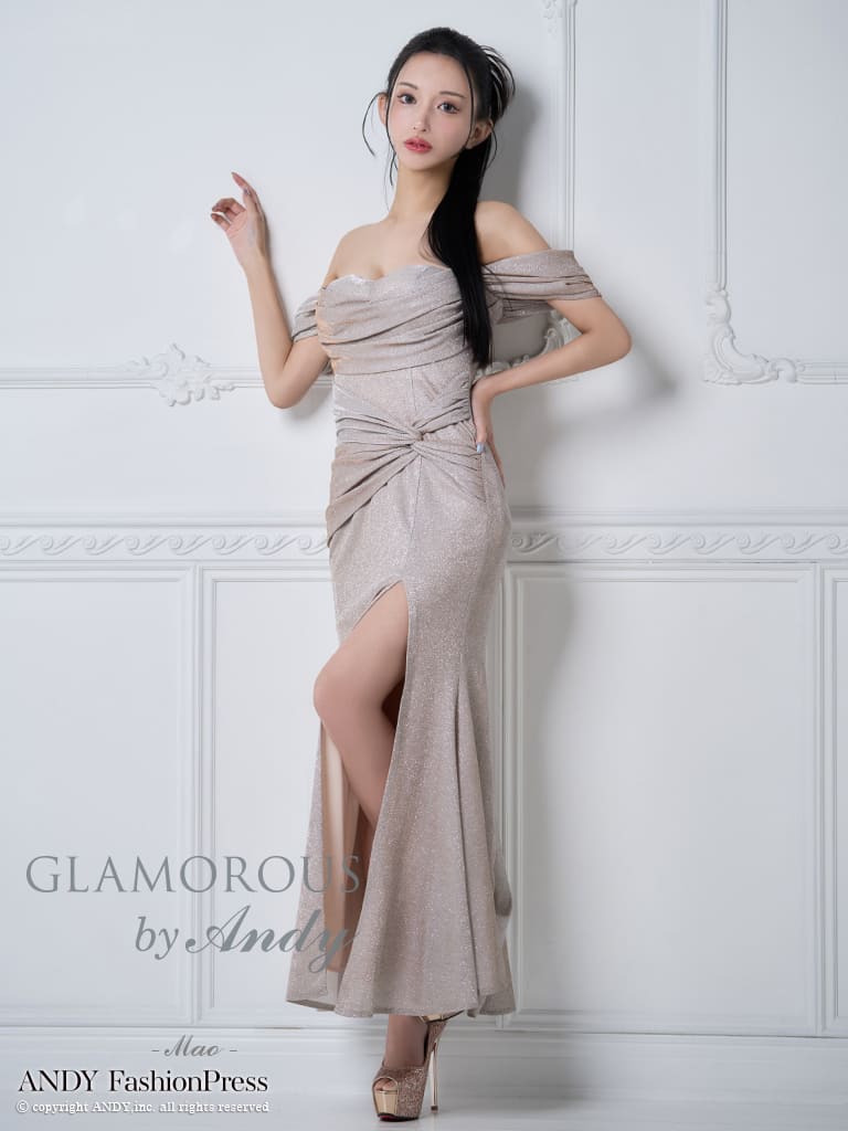 オフショルダー 半袖 ラメ スリット クロスデザイン タック ドレープ タイトロングドレスのメイン画像1