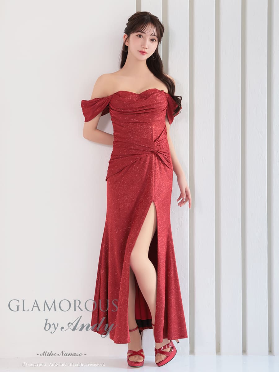 オフショルダー 半袖 ラメ スリット クロスデザイン タック ドレープ タイトロングドレスのメイン画像3