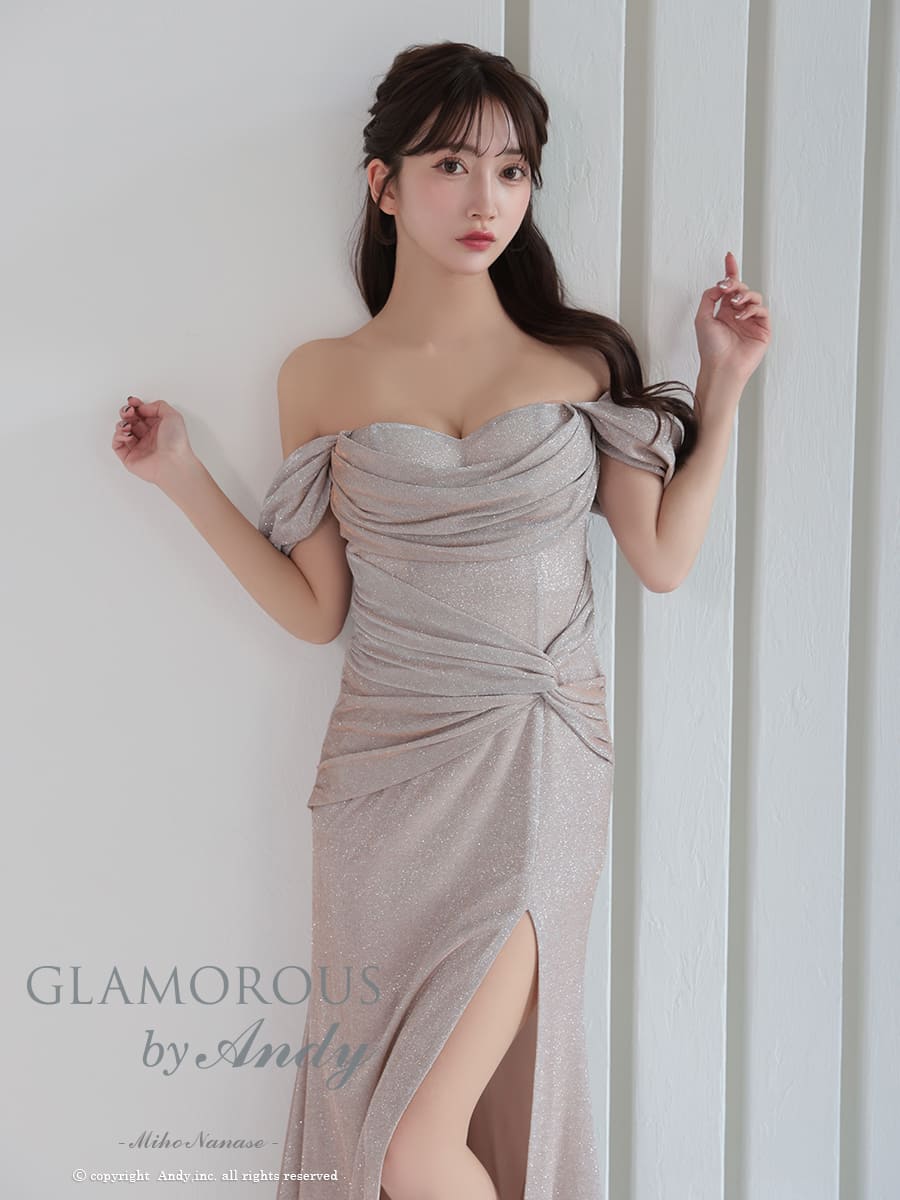 オフショルダー 半袖 ラメ スリット クロスデザイン タック ドレープ タイトロングドレスの全身サイド画像1