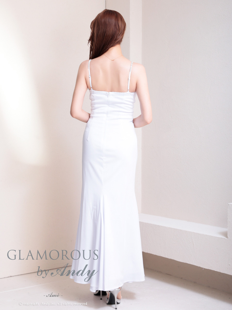 キャミソール ラインストーン スリット レースアップ リボン タイトロングドレスの全身バック画像3