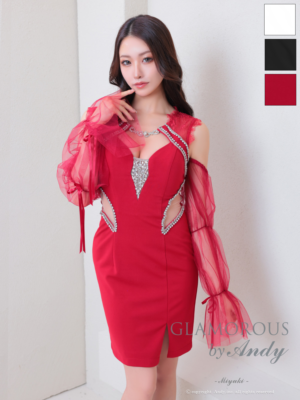2way ノースリーブ 長袖 リボン シアースリーブ ウエストカット バストカット ビジュー レース スリット タイトミニドレスのメイン画像2