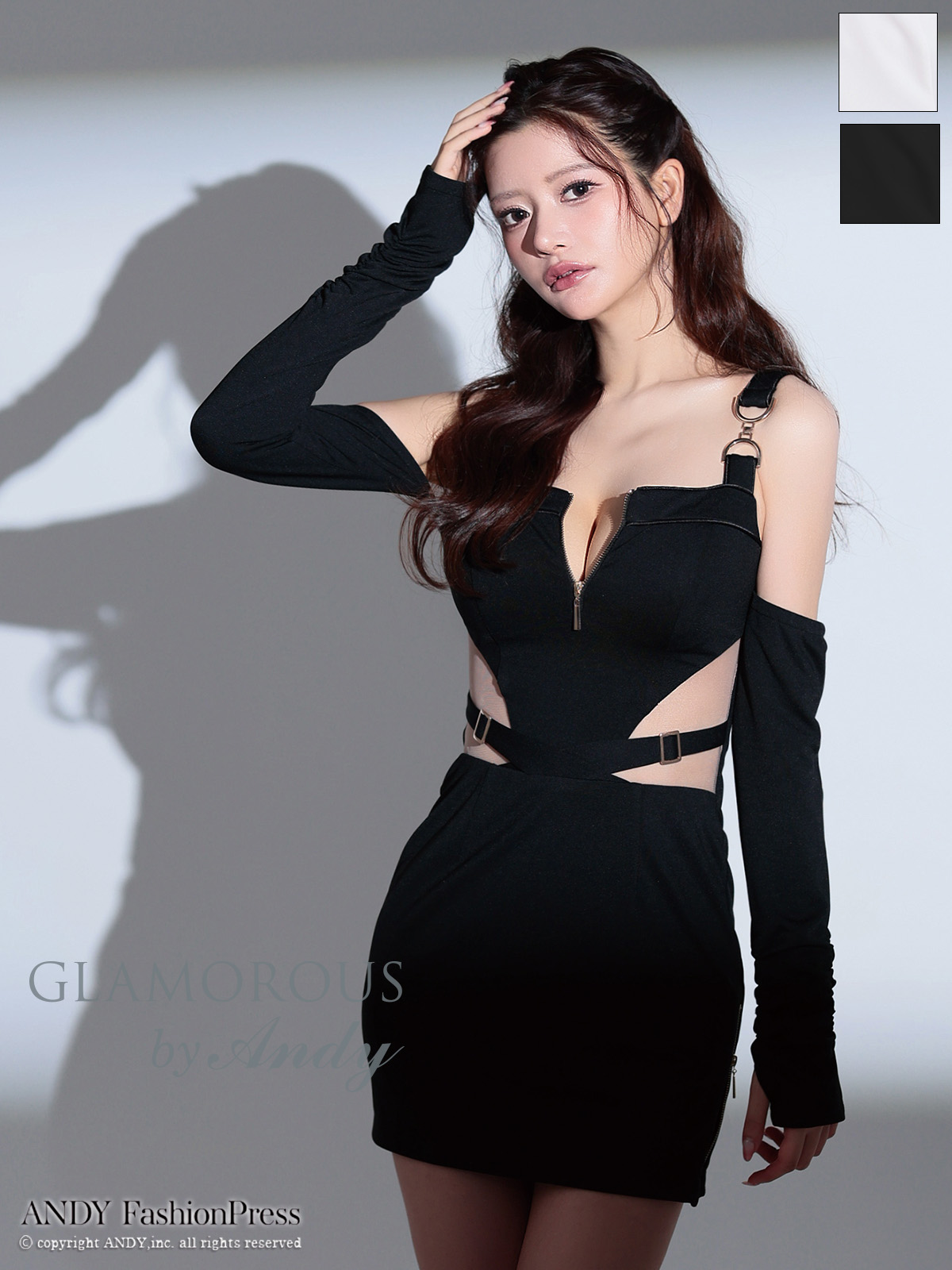 長袖 肩あき ノースリーブ くびれ透け ジップデザイン スクエアネック カットデザイン タイトミニドレスのメイン画像3