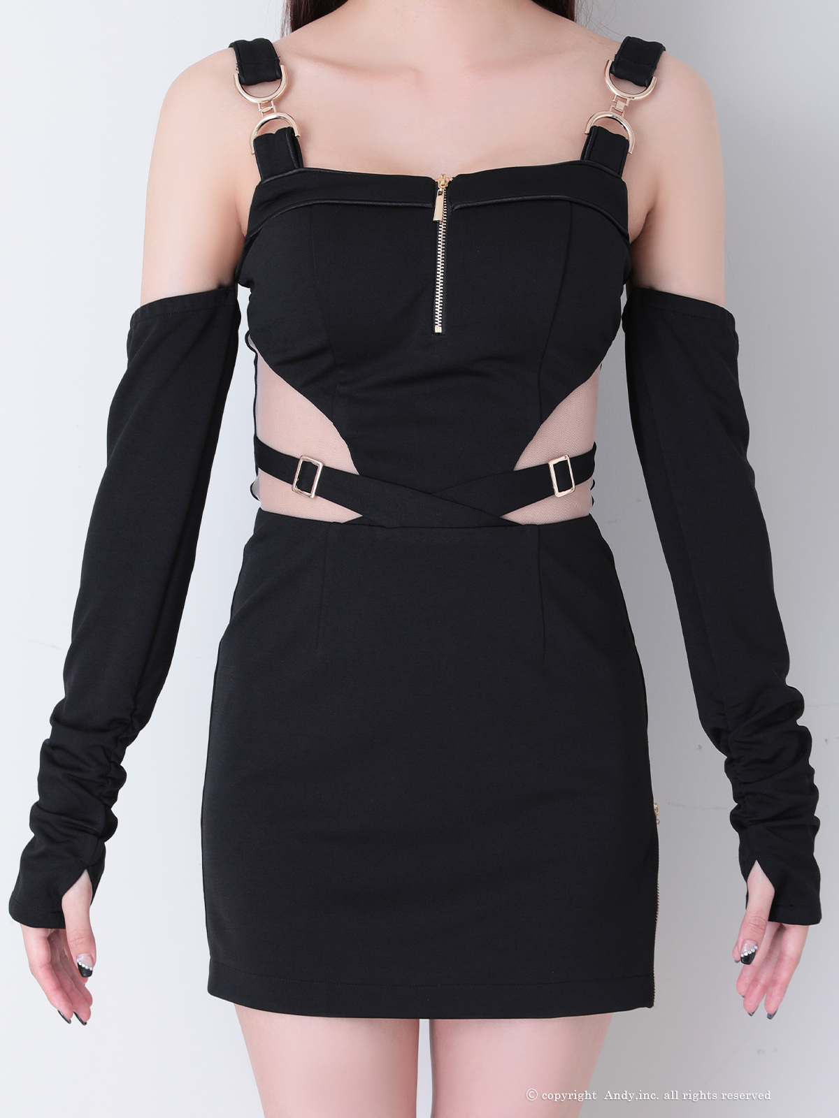 長袖 肩あき ノースリーブ くびれ透け ジップデザイン スクエアネック カットデザイン タイトミニドレスの詳細画像1