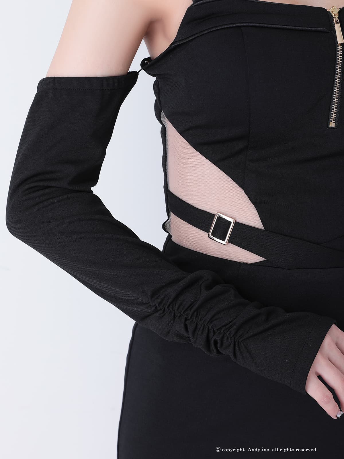 長袖 肩あき ノースリーブ くびれ透け ジップデザイン スクエアネック カットデザイン タイトミニドレスの詳細画像3