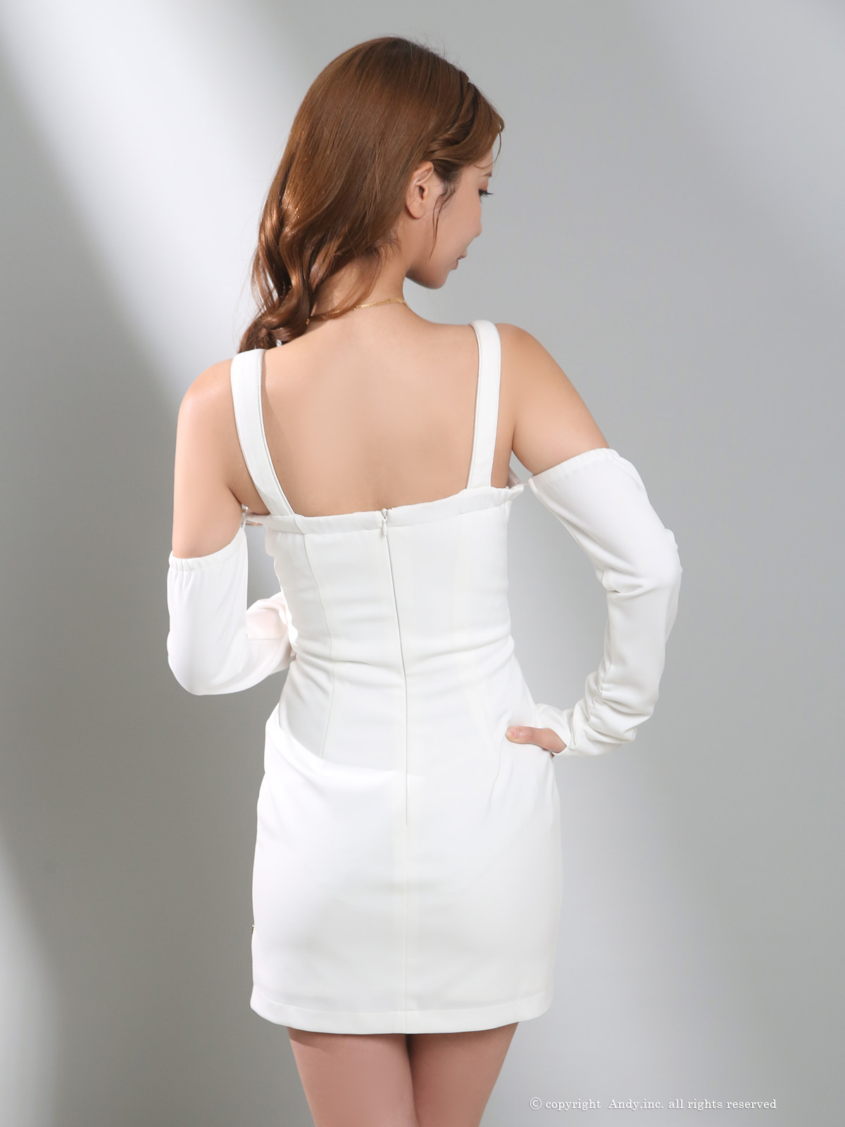 長袖 肩あき ノースリーブ くびれ透け ジップデザイン スクエアネック カットデザイン タイトミニドレスの全身バック画像2