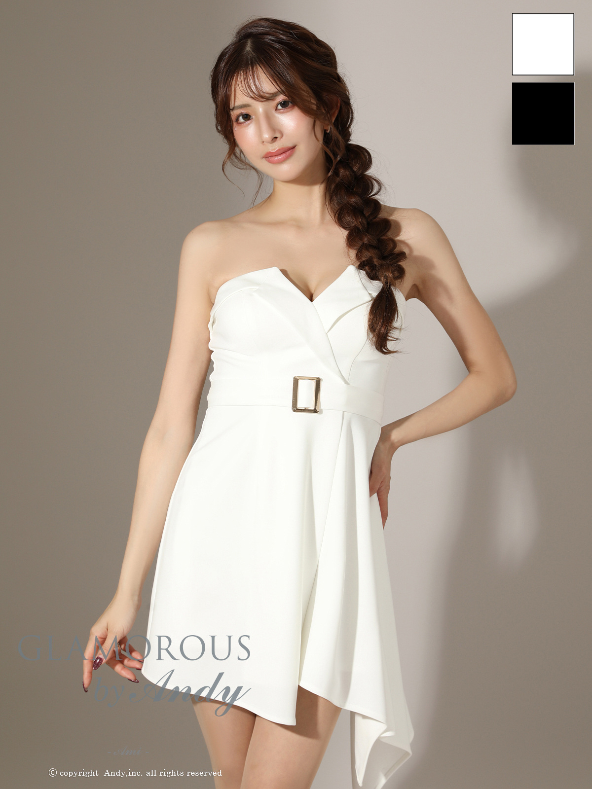 ベアトップ 襟デザイン ベルト ワンカラー アシンメトリー Vカット フレアミニドレスのメイン画像1