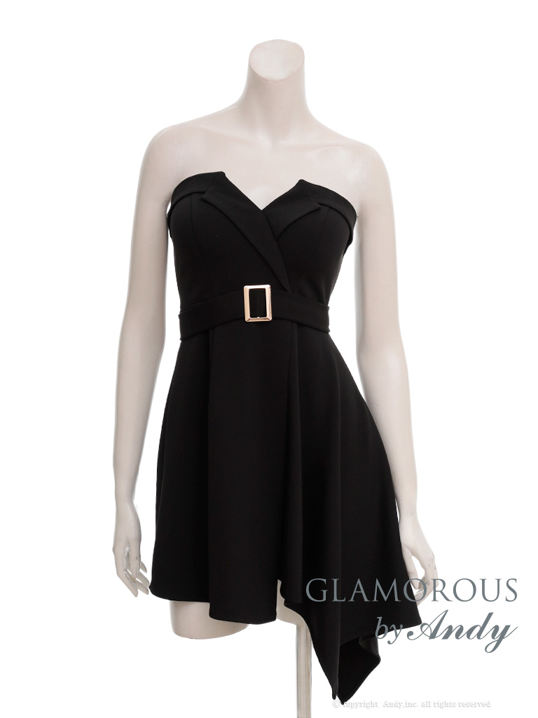 ベアトップ 襟デザイン ベルト ワンカラー アシンメトリー Vカット フレアミニドレスのメイン画像2