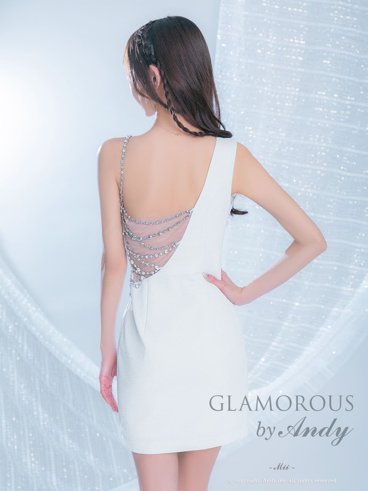 キャミソール ノースリーブ ビジュー チェーン シアー アシンメトリー タイトミニドレスの詳細画像1