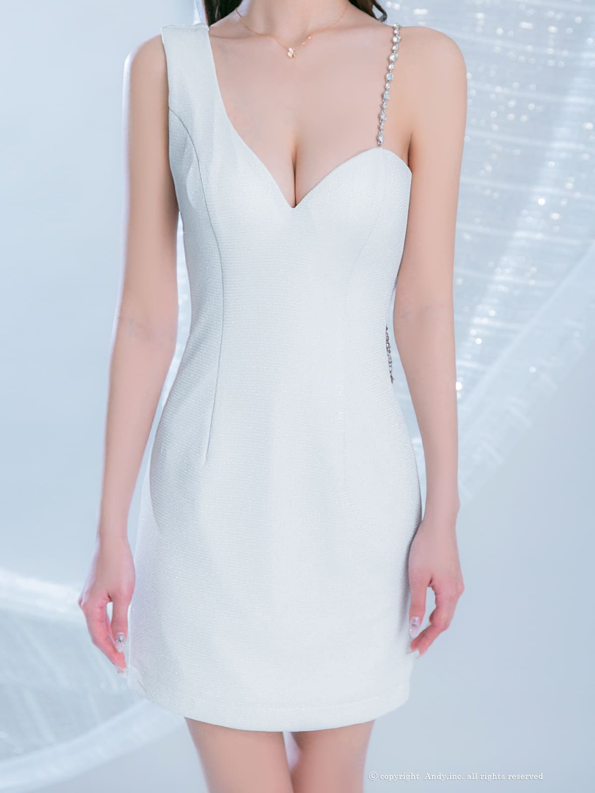 キャミソール ノースリーブ ビジュー チェーン シアー アシンメトリー タイトミニドレスの詳細画像2