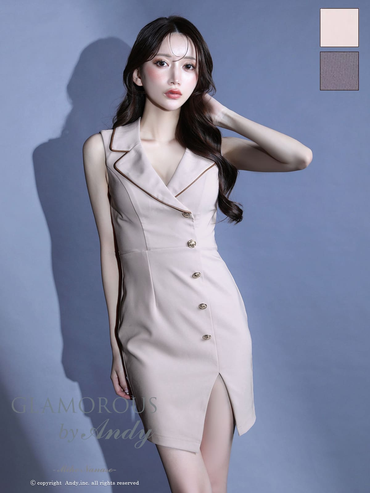 ノースリーブ 襟デザイン ボタン スリット タイトミニドレスのメイン画像1