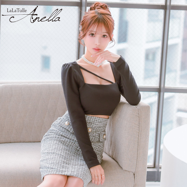 長袖 ツイード ゴールドボタン ウエストカット スクエアネック タイト 膝丈ドレスのメイン画像