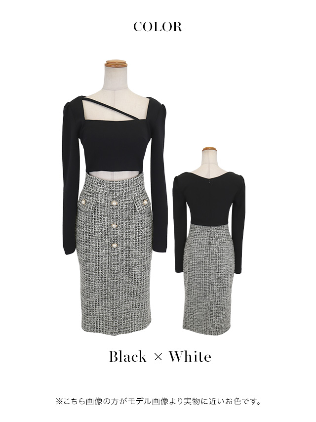長袖 ツイード ゴールドボタン ウエストカット スクエアネック タイト 膝丈ドレスのカラーバリエーション