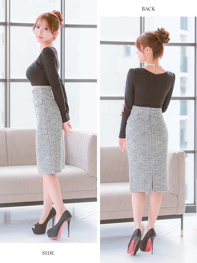 長袖 ツイード ゴールドボタン ウエストカット スクエアネック タイト 膝丈ドレスのサイドバック画像