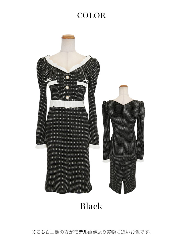 リボン フリル ガーリー 長袖 ツイード モノトーン ゴールドボタン タイト 膝丈ドレスのカラーバリエーション