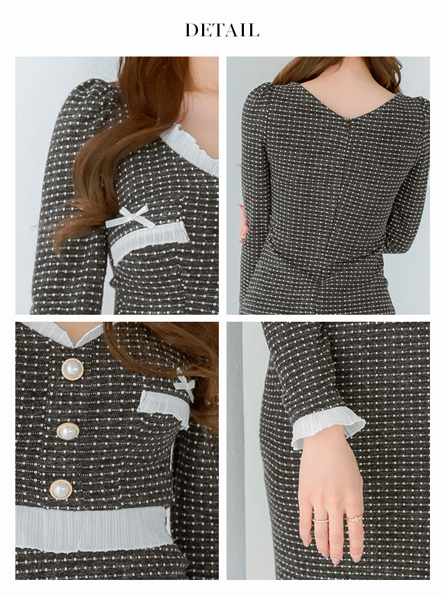リボン フリル ガーリー 長袖 ツイード モノトーン ゴールドボタン タイト 膝丈ドレスのデティール1