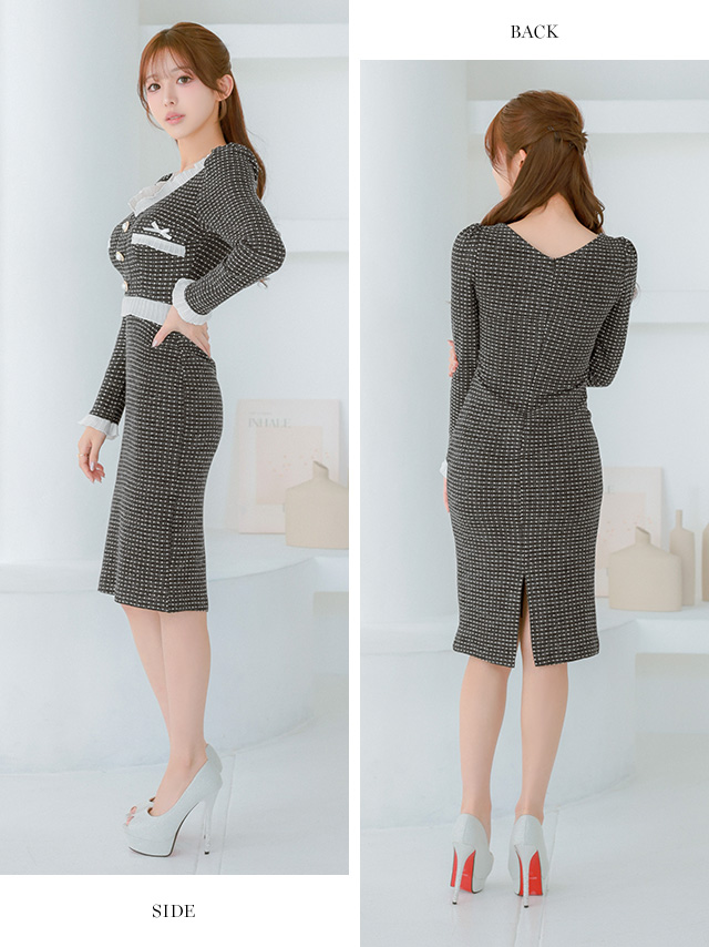 リボン フリル ガーリー 長袖 ツイード モノトーン ゴールドボタン タイト 膝丈ドレスのサイドバック画像