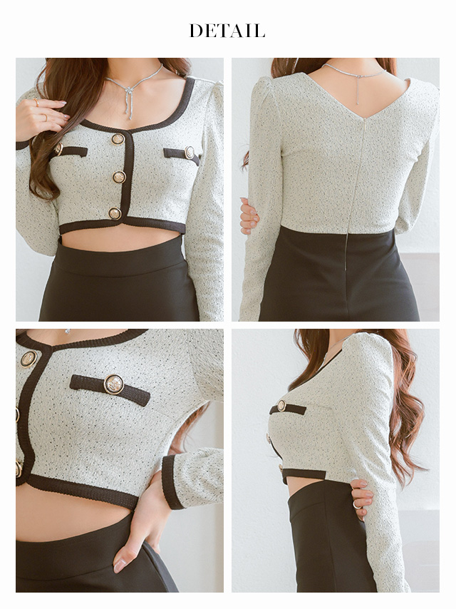 長袖 ゴールドボタン ウエストカット パイピング ツイード モノトーン タイト 膝丈ドレスのデティール1