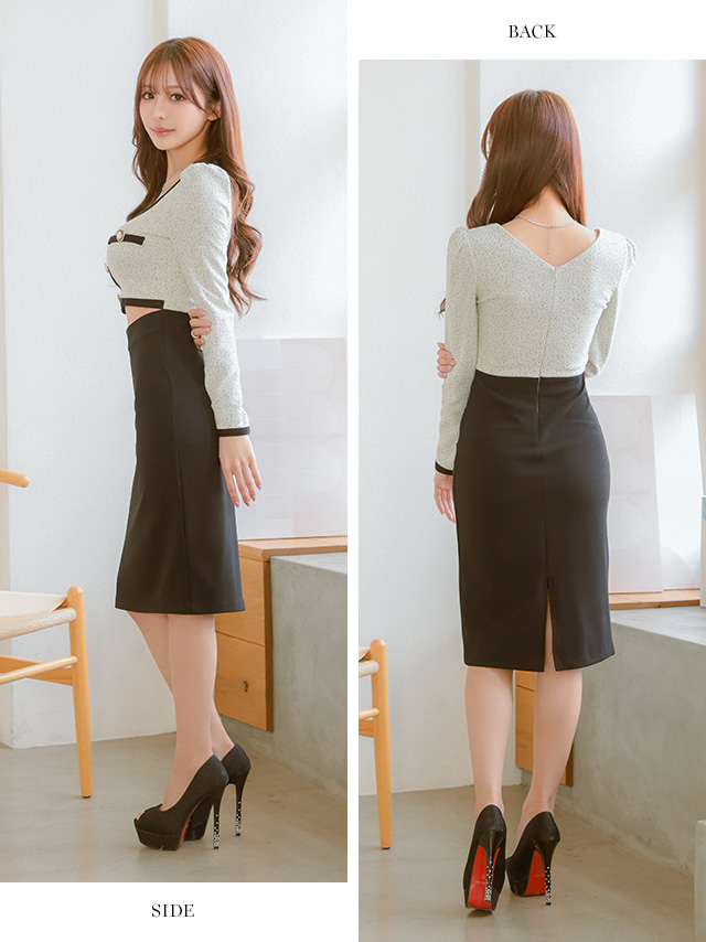 長袖 ゴールドボタン ウエストカット パイピング ツイード モノトーン タイト 膝丈ドレスのサイドバック画像