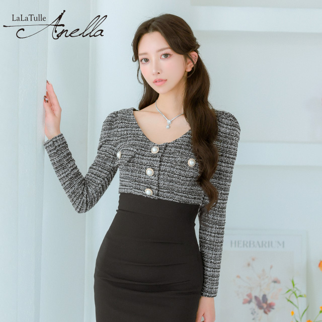 ツイード 長袖 パールボタン チューリップスカート タイト 膝丈ドレスのメイン画像