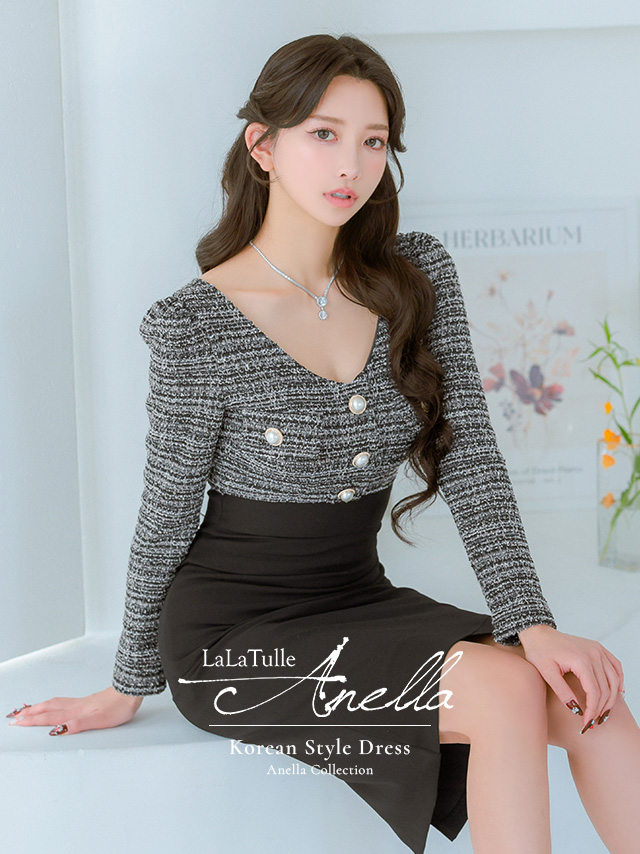 ツイード 長袖 パールボタン チューリップスカート タイト 膝丈ドレスのイメージ画像1