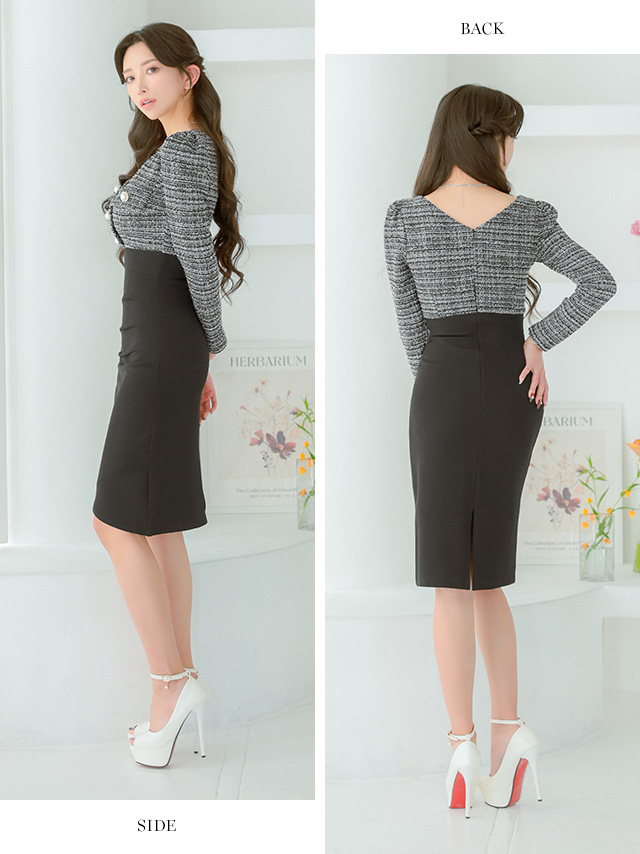 ツイード 長袖 パールボタン チューリップスカート タイト 膝丈ドレスのサイドバック画像