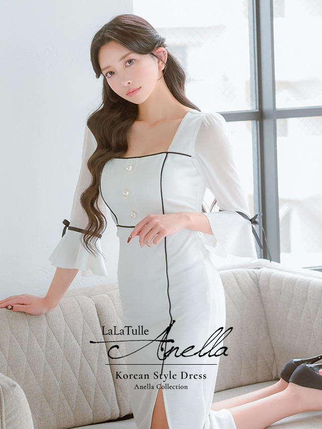 キャバドレス Anella パフスリーブ モノトーン リボン 袖あり スリット タイト 膝丈ドレスのイメージ画像1
