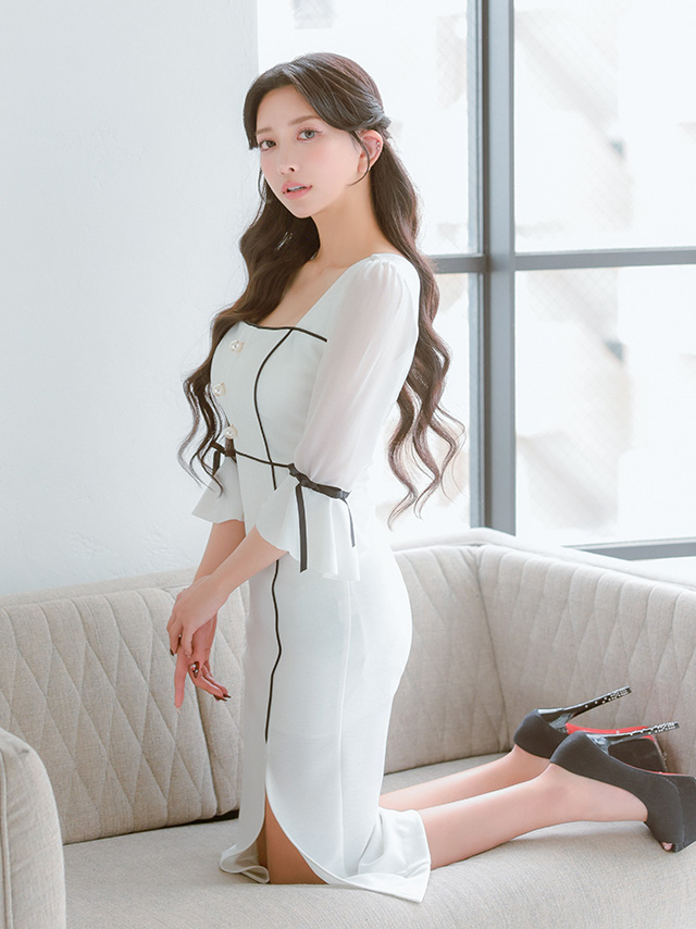 キャバドレス Anella パフスリーブ モノトーン リボン 袖あり スリット タイト 膝丈ドレスのイメージ画像3