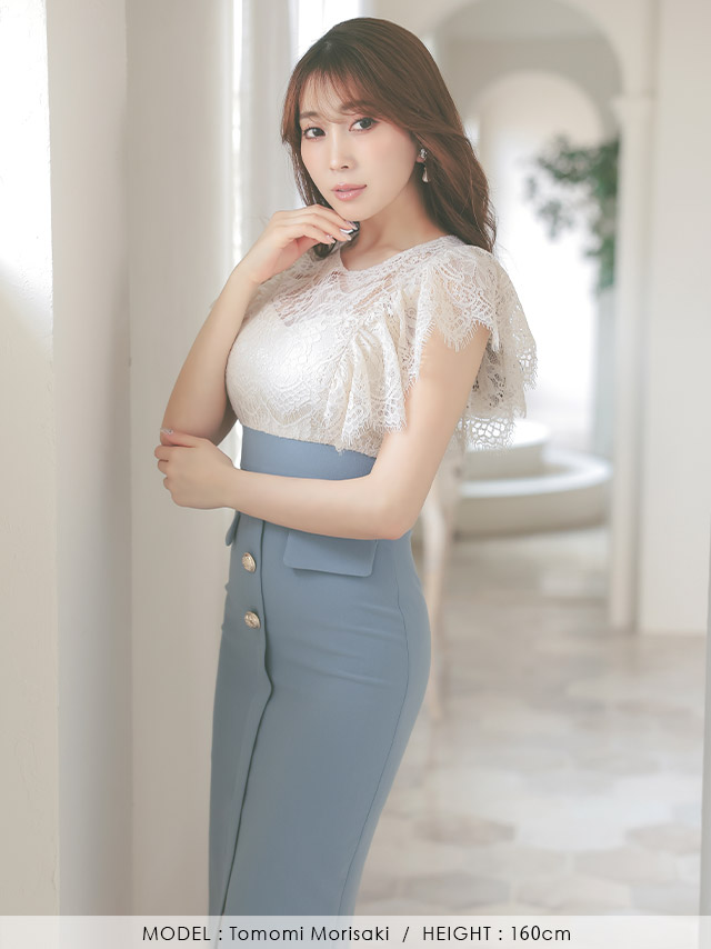 刺繍レース バイカラー 半袖 タイトひざ丈ドレスのフロントバック画像