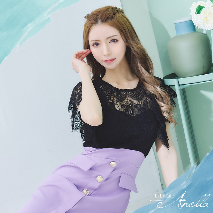 刺繍レース バイカラー 半袖 タイトひざ丈ドレスのイメージ画像2