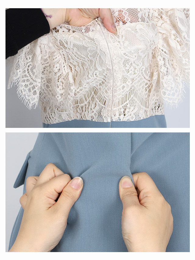 刺繍レース バイカラー 半袖 タイトひざ丈ドレスのデティール2