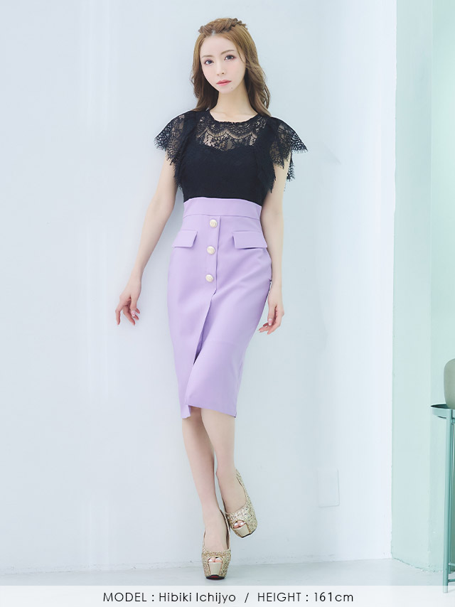 刺繍レース バイカラー 半袖 タイトひざ丈ドレスのフロントバック画像