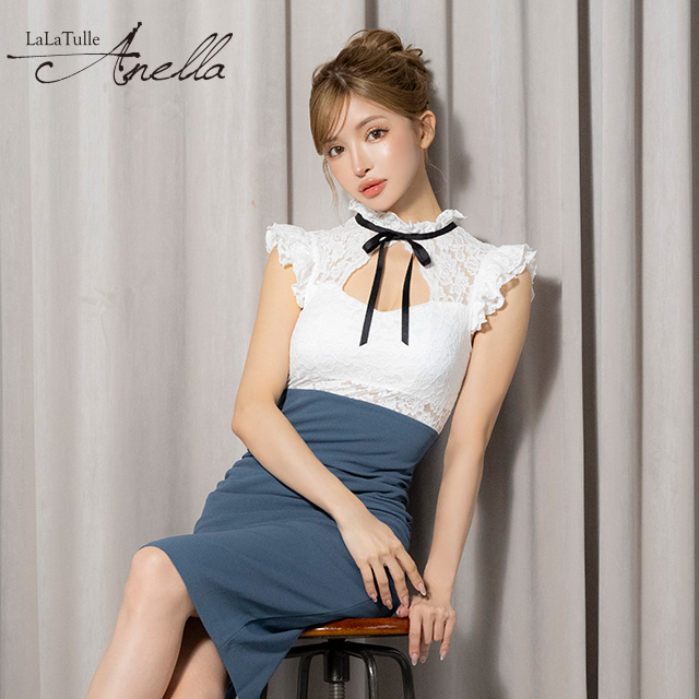 半袖 フリルネック バストカット フェミニン リボン タイト 膝丈ドレスのメイン画像