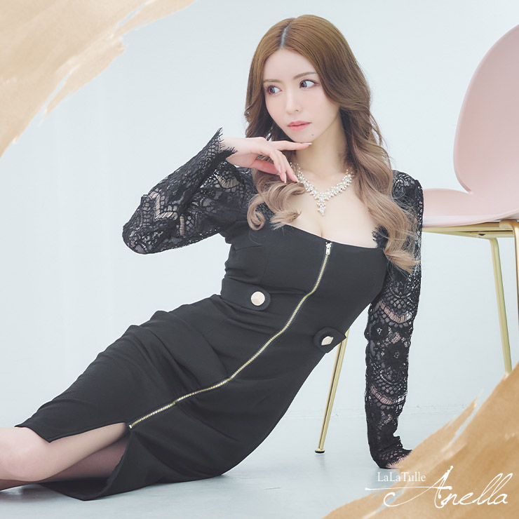 フロントジップレース切り替え ワンカラー 袖あり タイトひざ丈ドレスのイメージ画像2