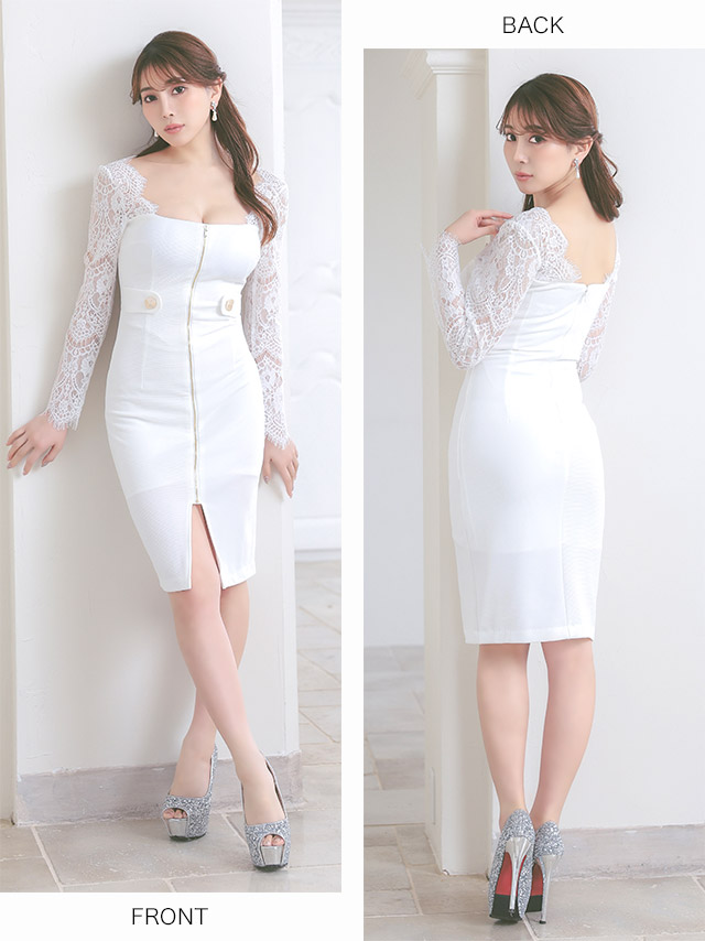フロントジップレース切り替え ワンカラー 袖あり タイトひざ丈ドレスのイメージ画像4
