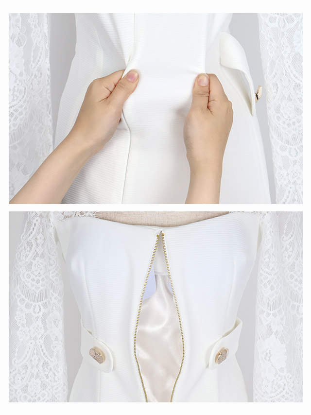 フロントジップレース切り替え ワンカラー 袖あり タイトひざ丈ドレスのデティール2