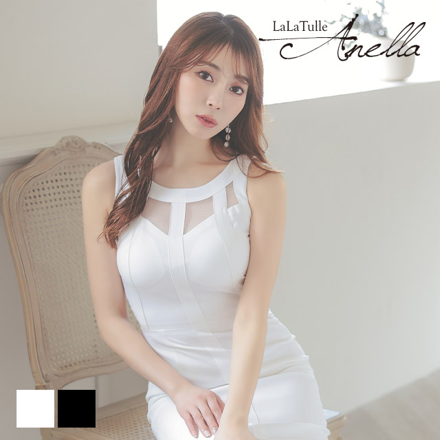【Anella/アネラ】韓国製 ワンカラー シアー 長袖 ひざ丈ドレスのメイン画像