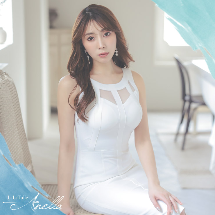 【Anella/アネラ】韓国製 ワンカラー シアー 長袖 ひざ丈ドレスのイメージ画像2