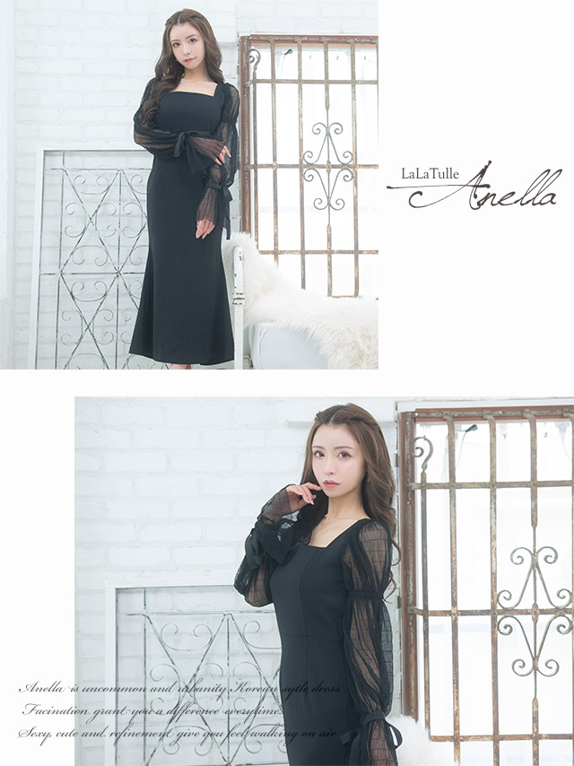【Anella/アネラ】 マーメイド バックリボン ワンカラー シースルー 長袖　タイトひざ丈ドレスのイメージ画像3
