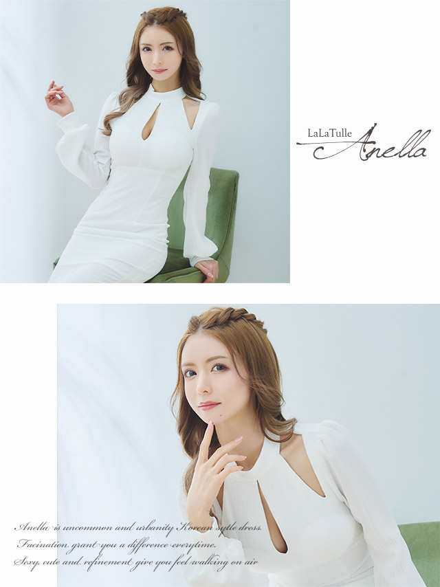 【Anella/アネラ】韓国製 ワンカラー シアー 長袖 ひざ丈ドレスのイメージ画像3