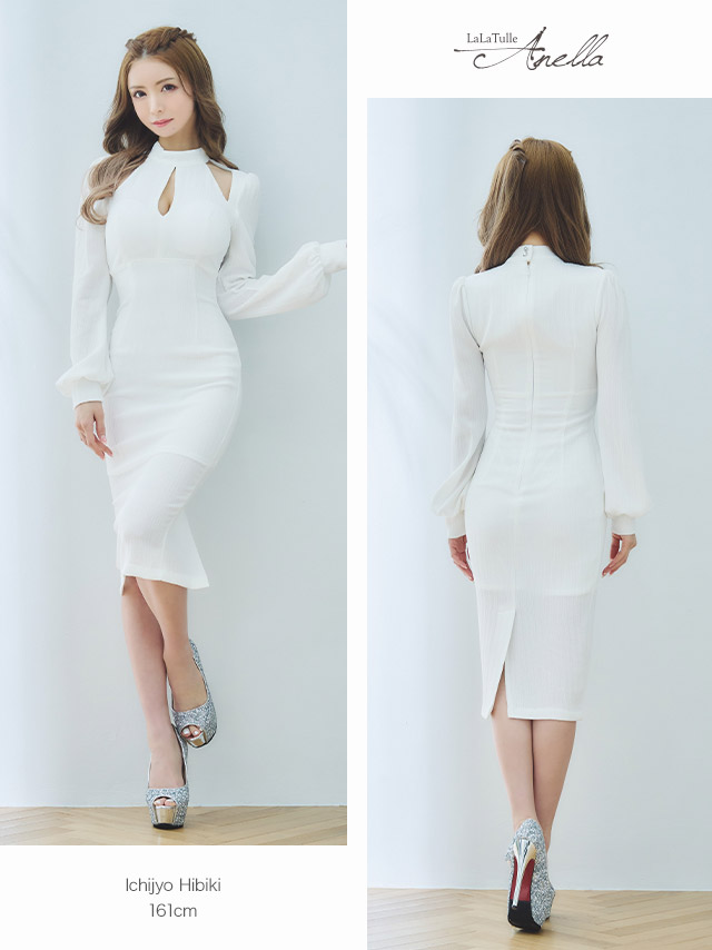 【Anella/アネラ】韓国製 ワンカラー シアー 長袖 ひざ丈ドレスのフロントバック画像5