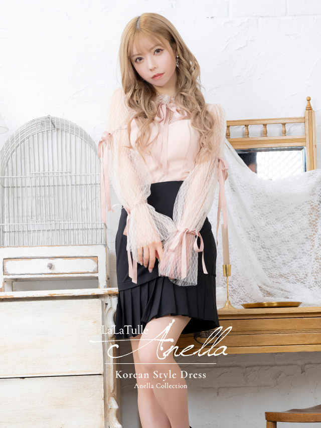 キャバドレス Anella 長袖 ブラウス フリル ネックリボン レース　プリーツスカート セットアップ フレアミニドレスのイメージ画像1