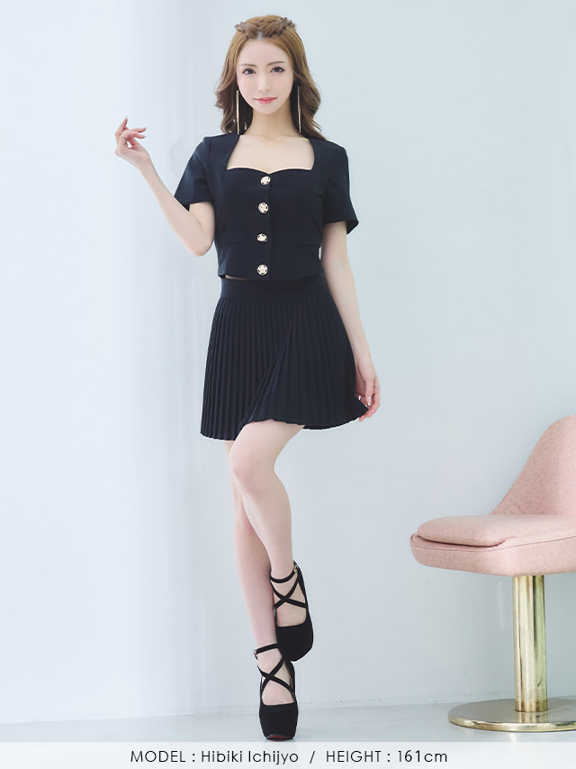 ブラウス風 プリーツスカート セットアップ 袖あり フレアミニドレスのフロントバック画像