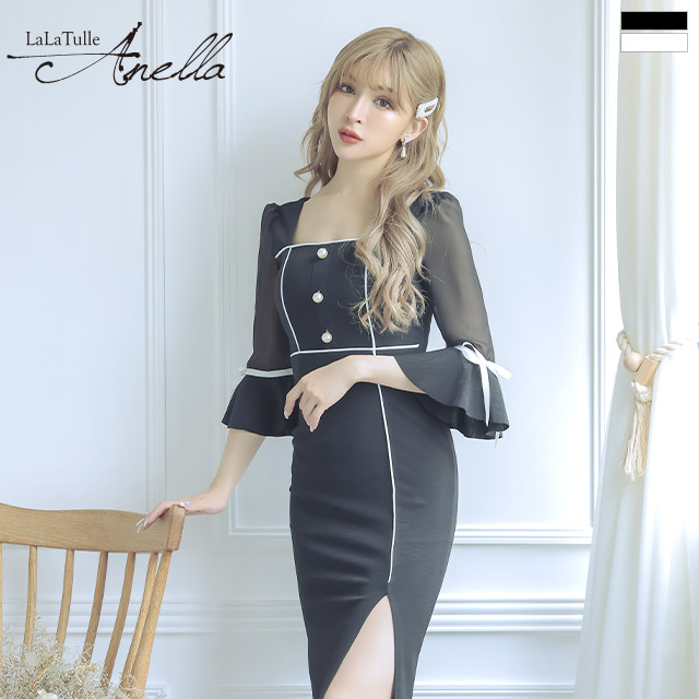 キャバドレス Anella パフスリーブ モノトーン リボン 袖あり スリット タイト 膝丈ドレスのメイン画像