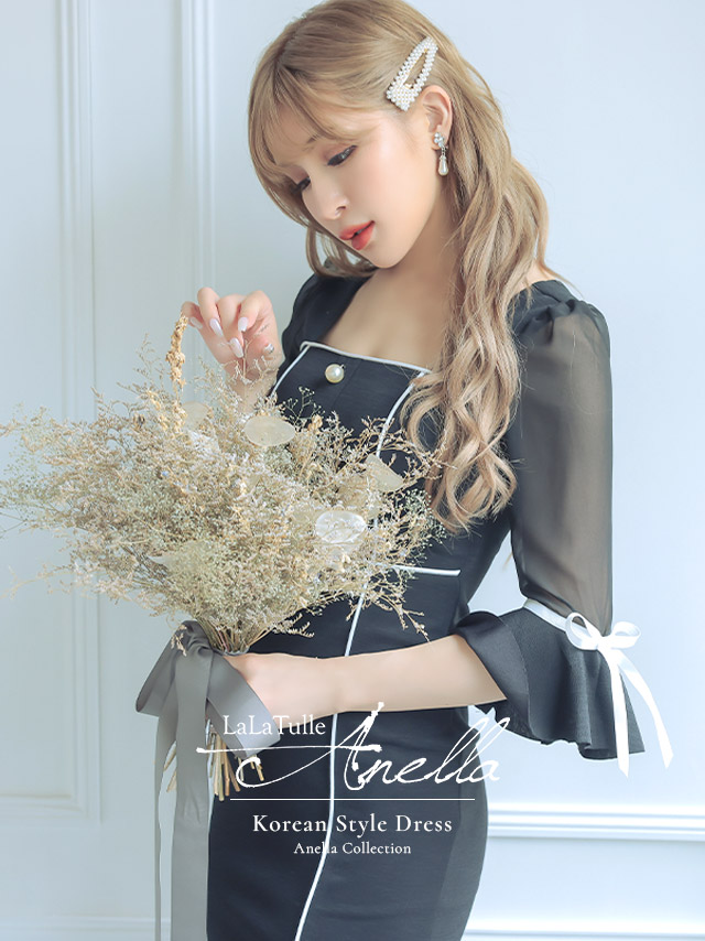 キャバドレス Anella パフスリーブ モノトーン リボン 袖あり スリット タイト 膝丈ドレスのイメージ画像1