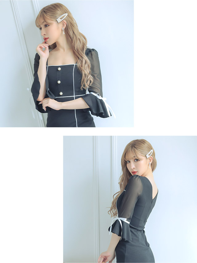 キャバドレス Anella パフスリーブ モノトーン リボン 袖あり スリット タイト 膝丈ドレスのイメージ画像2