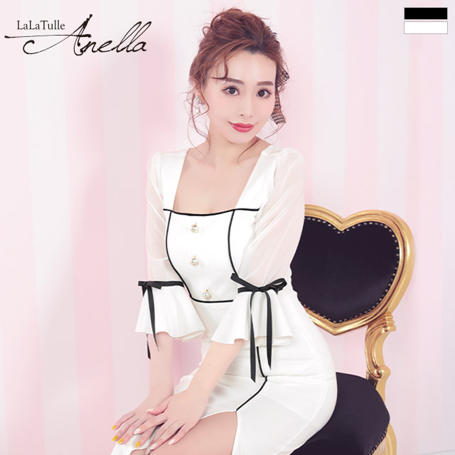 キャバドレス Anella パフスリーブ モノトーン リボン 袖あり スリット タイト 膝丈ドレスのメイン画像