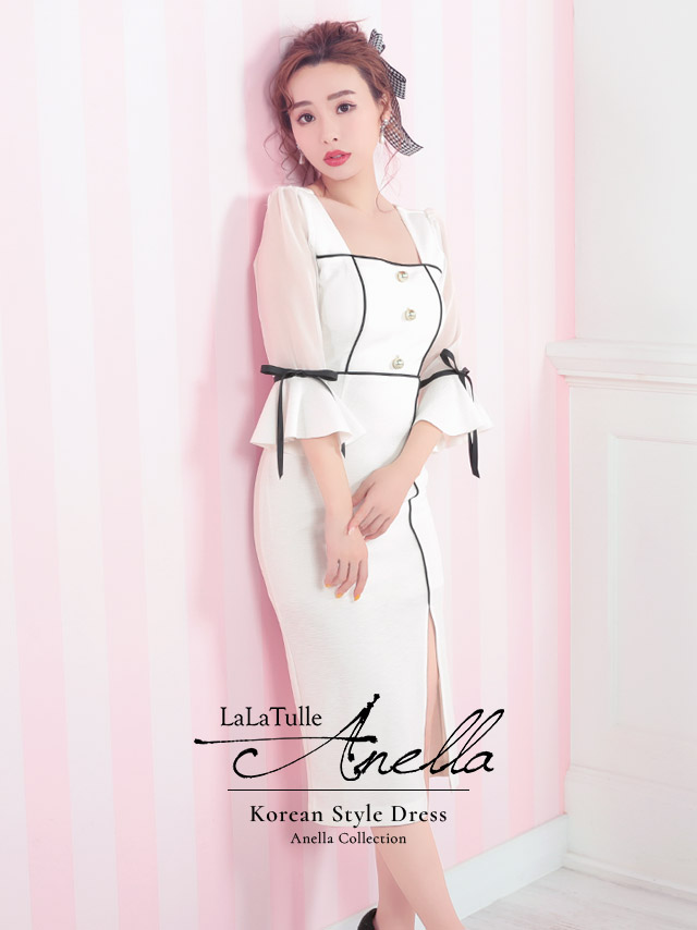 キャバドレス Anella パフスリーブ モノトーン リボン 袖あり スリット タイト 膝丈ドレスのイメージ画像1