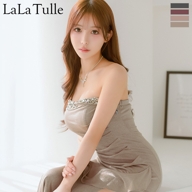 キャミソール ビジュー フリル ラッフルデザイン ベアトップ スリットビジュー ラメタイトロングドレスのメイン画像1